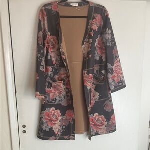 Solitaire Black Floral Faux Suede like Long Coat / Cardigan / Duster size medium